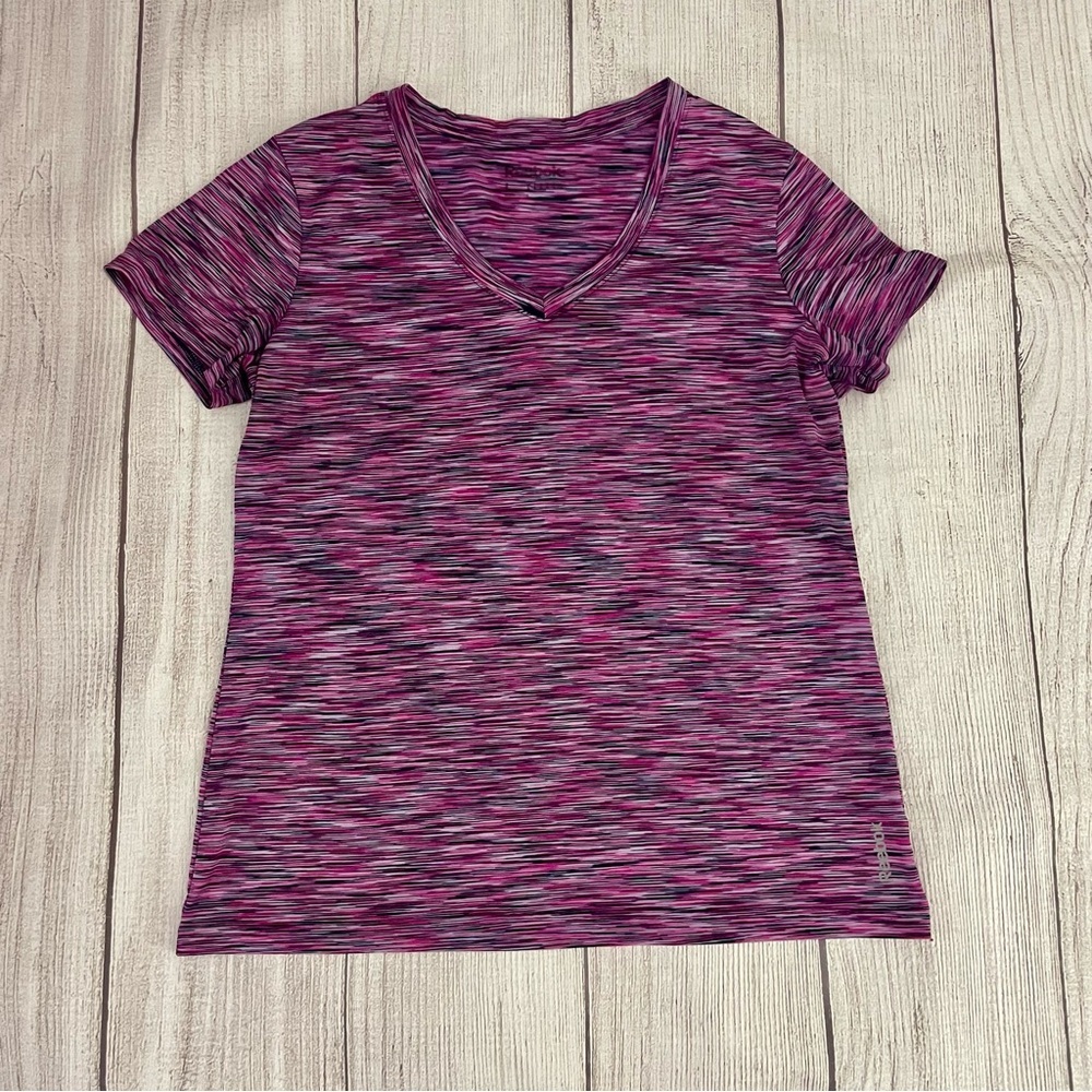 REEBOK Women's V Neck Athletic Fitness Shirt Purple Pink Black Size Large